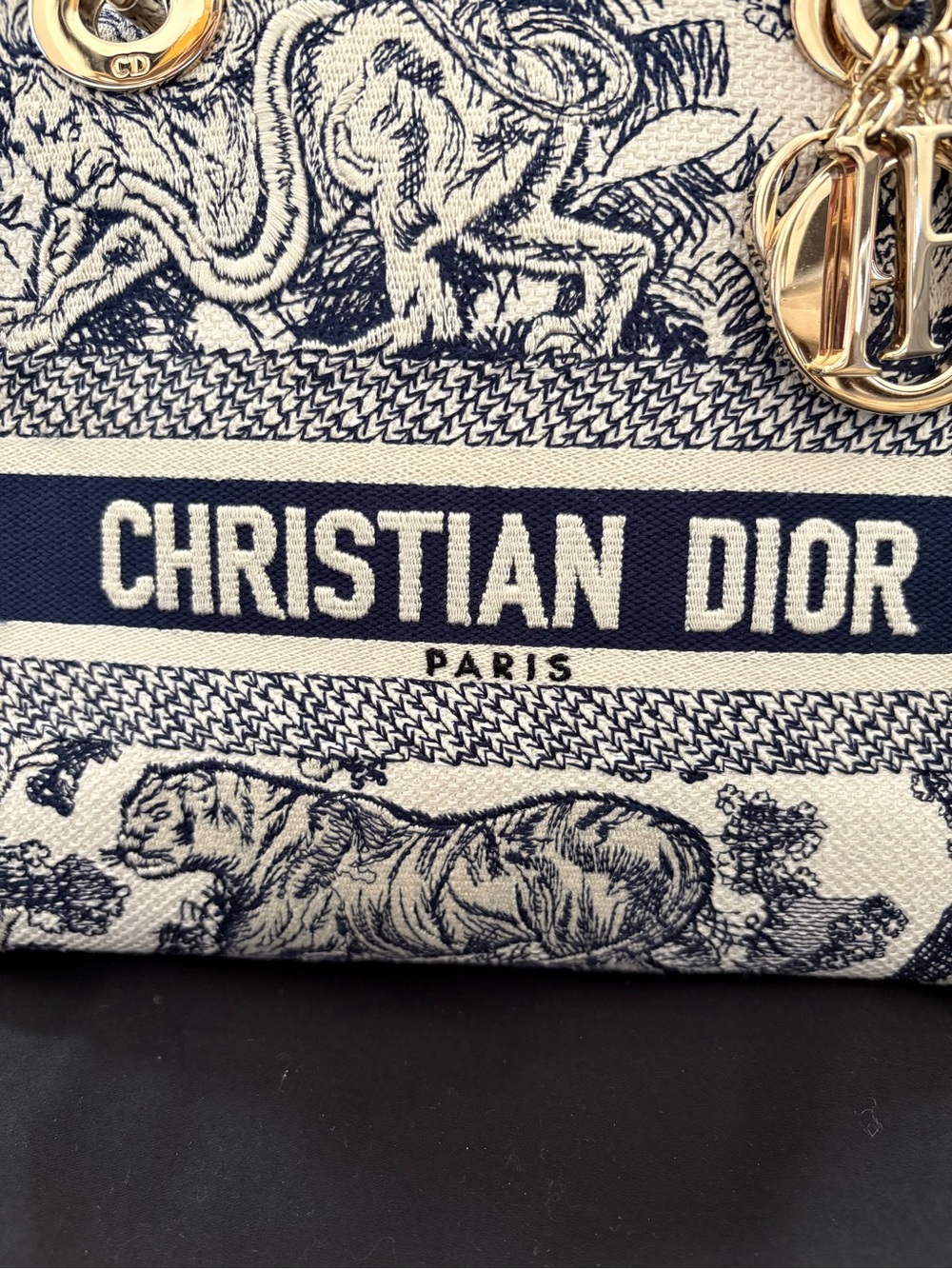 CHRISTIAN DIOR Canvas Tote Embroidered Medium Lady DLite Navy LIKE NEW Condition - Picture 10 of 13